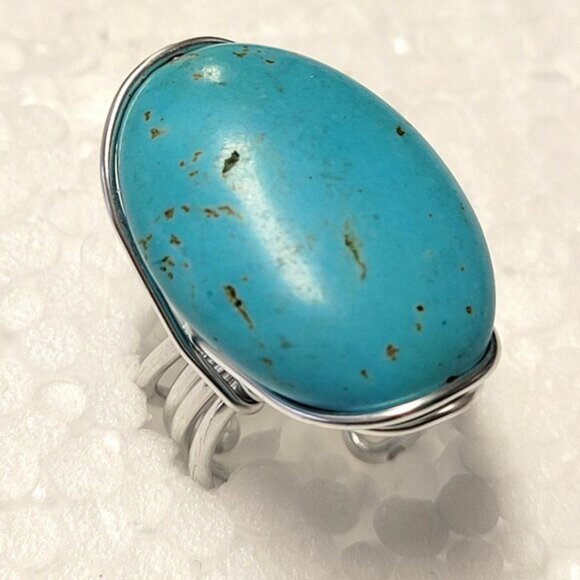 Turquoise Gemstone Ring Adjustable Stainless Steel Band, Handmade Turquoise Ring - Picture 1 of 10